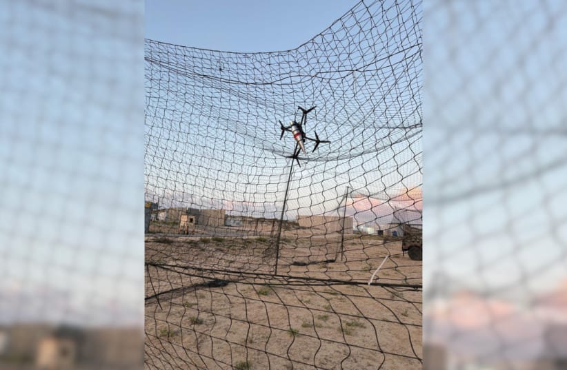 Drone caught in anti-explosive drone barbed wire supplied by the IDF to the Lebanese army, May 14, 2026.