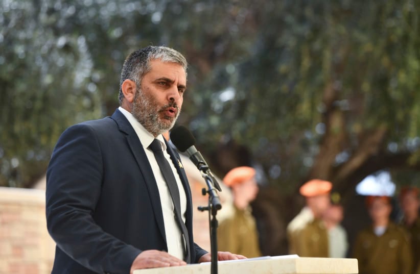 Aliyah and Integration Minister Ofir Sofer speaks during a Memorial Day ceremony commemorating fallen Israeli soldiers and victims of terror at Kiryat Shaul Military Cemetery in Tel Aviv, April 21, 2026.