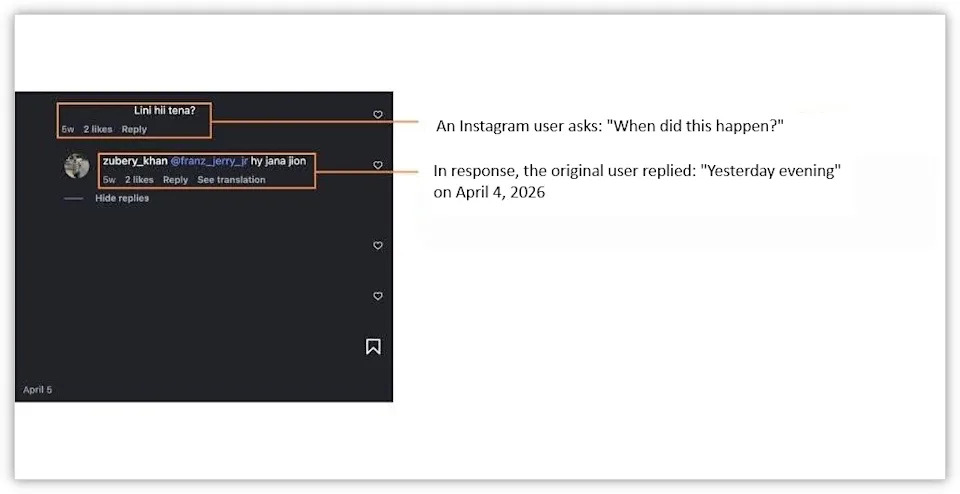 <span>A screenshot of the Instagram post's comments published on April 5, 2026</span>
