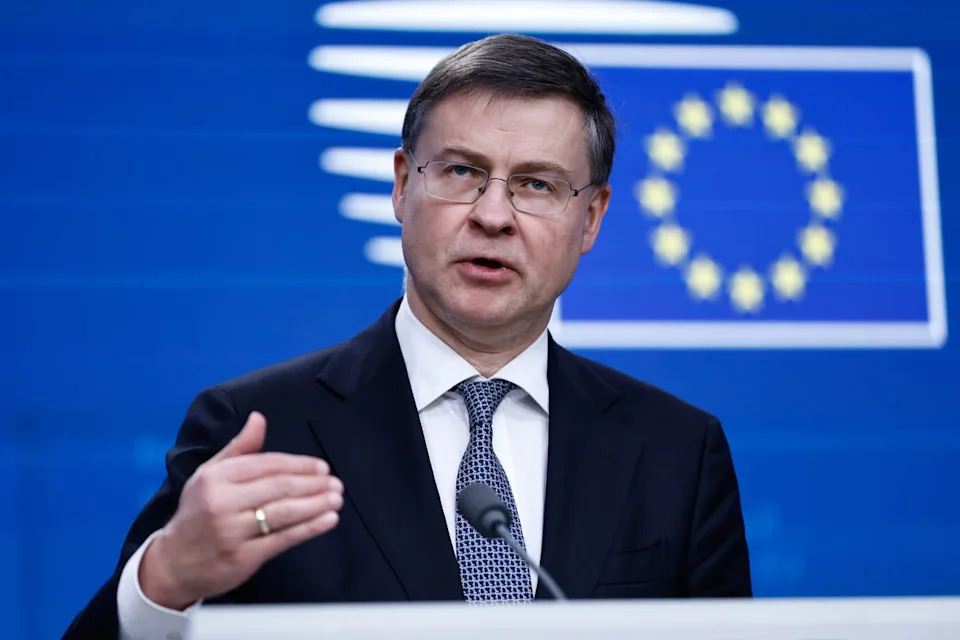 EU Economy and Trade Commissioner Valdis Dombrovskis speaks during the Economic and Financial Affairs Council (ECOFIN) meeting in Brussels, Belgium, on March 11, 2025.