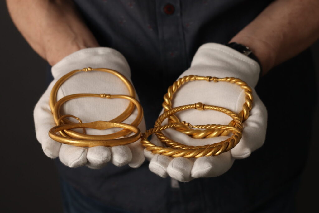 The find, now known as the Rold Hoard, consists of six intact gold arm rings with a combined weight of 762.5 grams. Credit: Nordjyske Museer