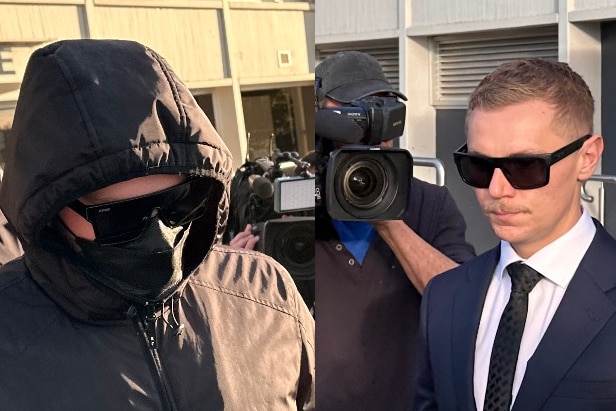 Former NSW Police officers Nathan Black wearing black hoodies and black mask, left, and Timothy John Trautsch, right, in a suit.