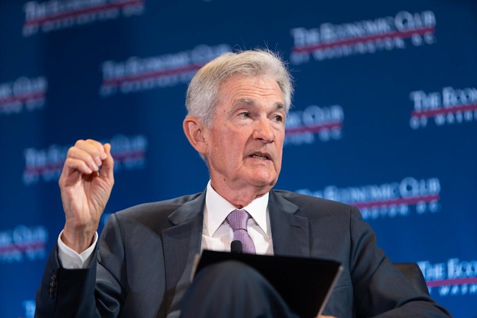 Jerome Powell participating in a discussion at the Economic Club of Washington, D.C.