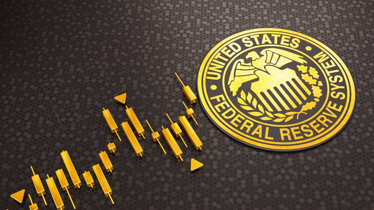U.S. Federal Reserve System seal with pins forming a candlestick stock chart.