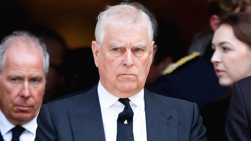 Former Prince Andrew looking stern while attending Katharine, Duchess of Kent's Requiem Mass service at Westminster Cathedral.