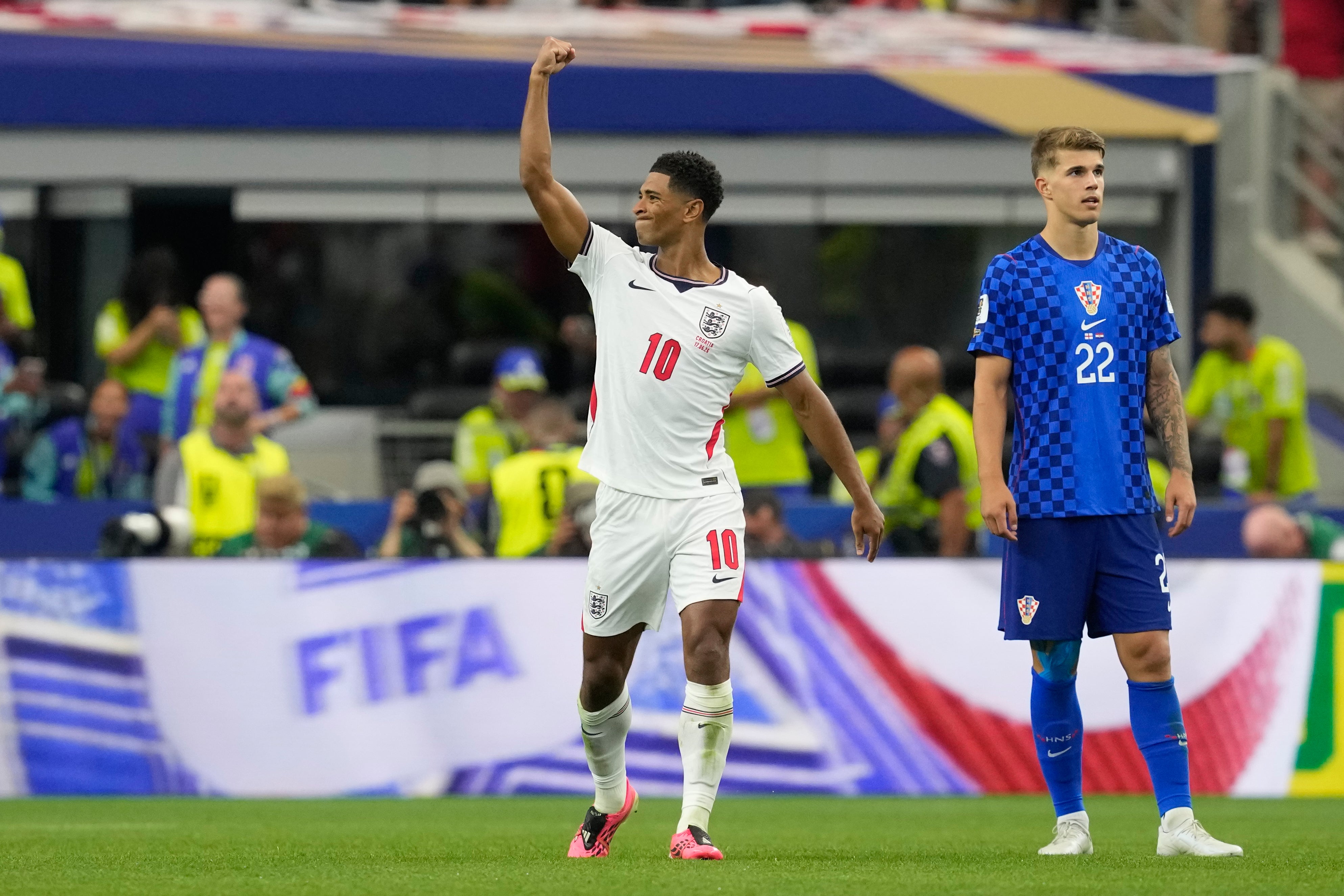 England's Jude Bellingham (10) celebrates his team's third goal