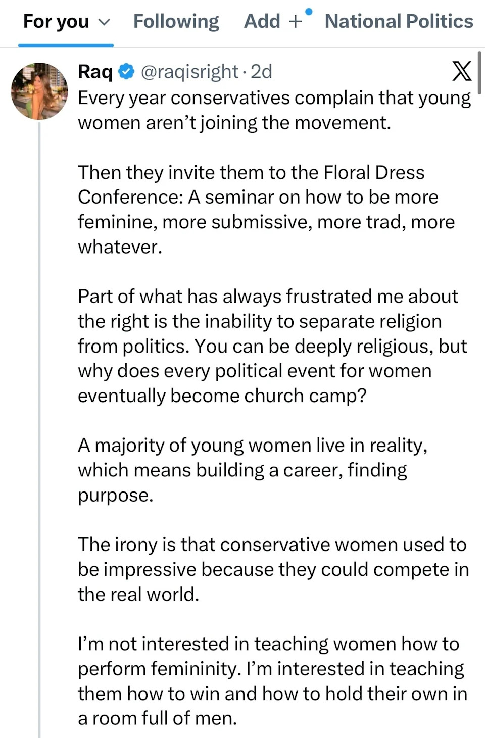 Raquel DeBono slammed the sentiment behind Erika Kirk's San Antonio summit—or, as she called it, the Floral Dress Conference. / Screenshot/X