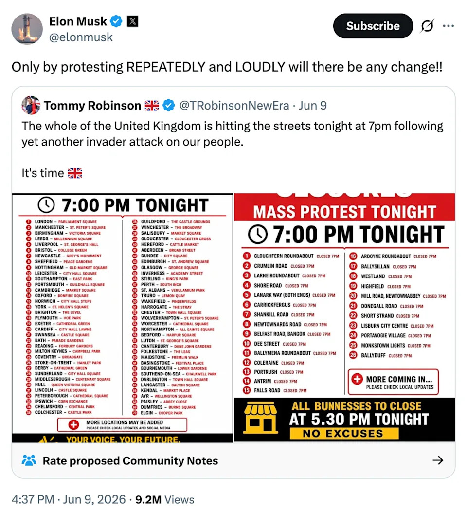 Musk reposted Tommy Robinson's call to action (Elon Musk/ X)