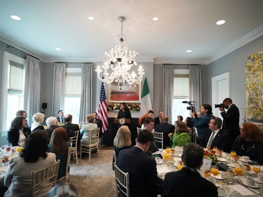 Kamala Harris speaks at a breakfast meeting at the vice president's residence.