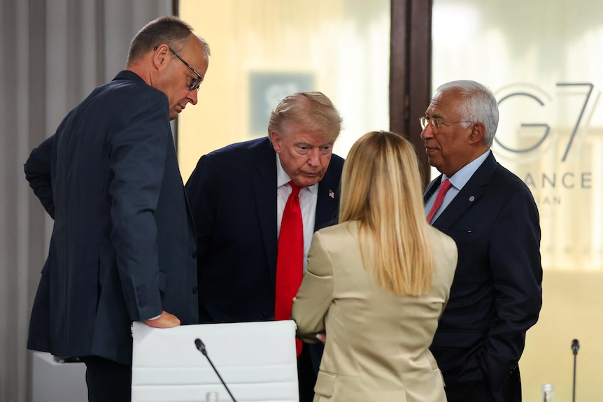 donald trump, friedrich merz, giorgia meloni and antonio costa chat at g7 summit