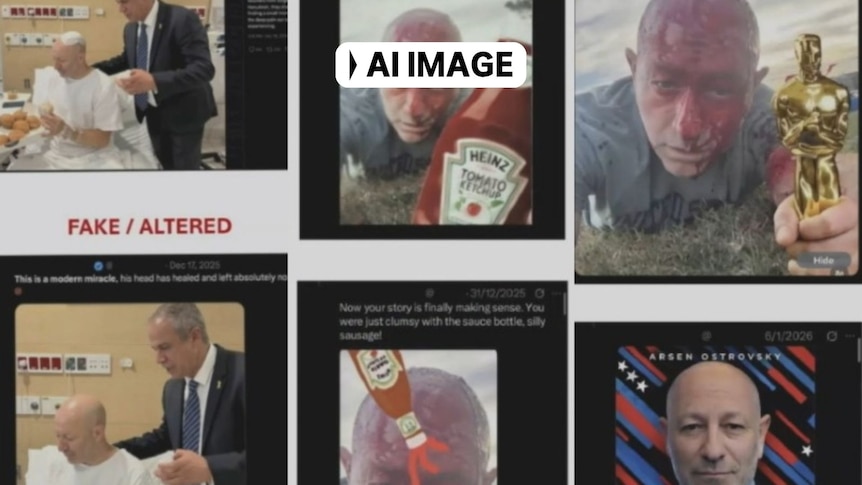 AI-generated image of man in hospital bandage on head and without, with bloody face with sauce bottle and Oscar