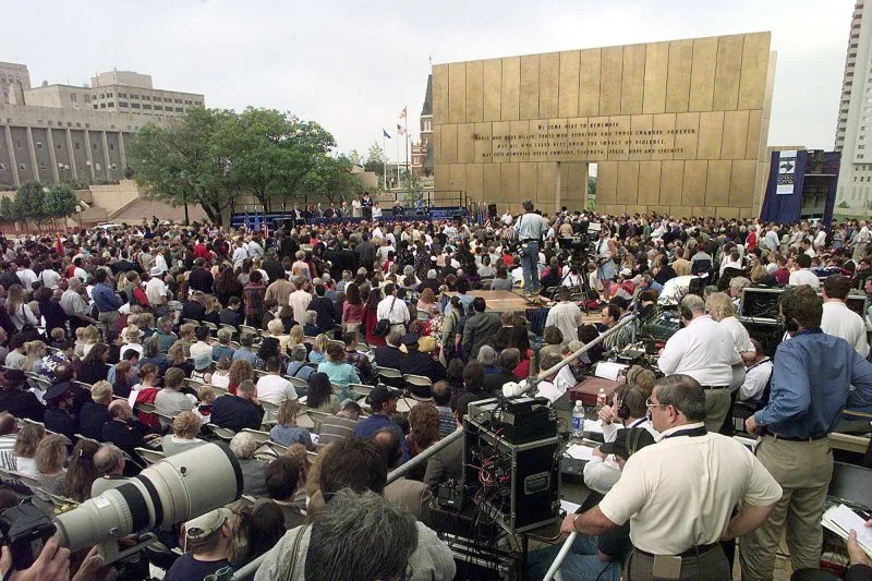 Families of survivors and rescue workers attend the opening of the Oklahoma City bombing memorial on April 19, 2000. On June 2, 1997, a federal jury in Denver convicted Timothy McVeigh in the 1995 bombing that killed 168 people. File Photo by Bill Carter/Norman Transcript/UPI