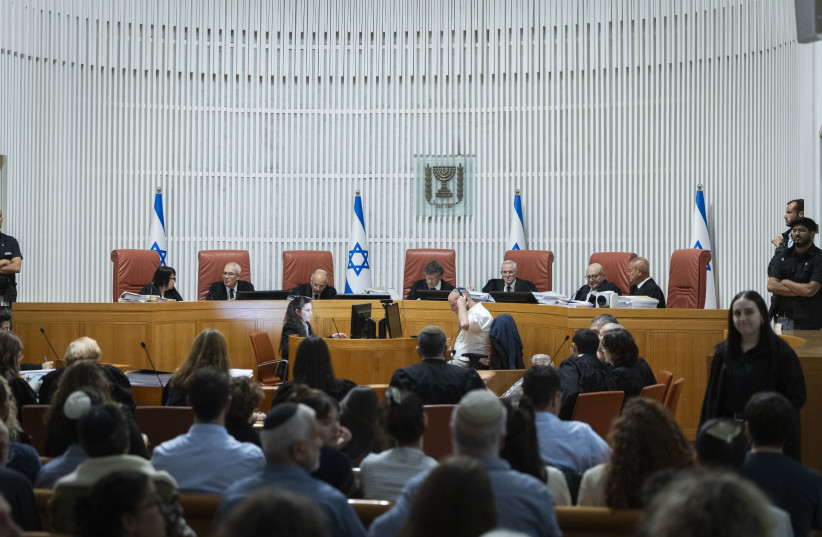 Supreme Court justices preside over a hearing at the High Court of Justice in Jerusalem, December 1, 2025