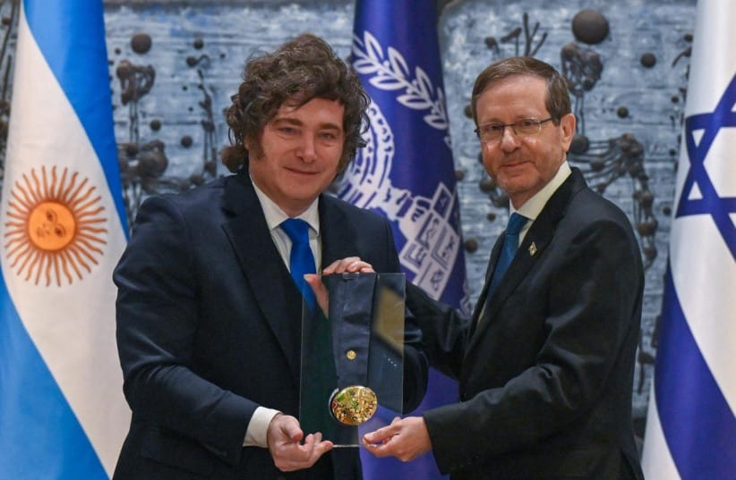 President Isaac Herzog awards his Argentinian counterpart Javier Milei with the Presidential Medal of Honor, Jerusalem, April 20, 2026.