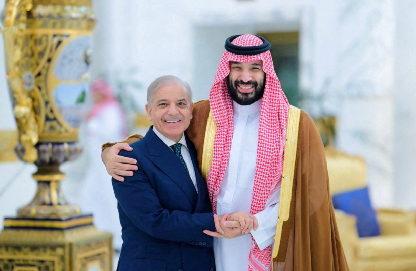 Saudi Crown Prince Mohammed bin Salman meets with Pakistan's Prime Minister Shehbaz Sharif in Jeddah, Saudi Arabia, April 15, 2026.