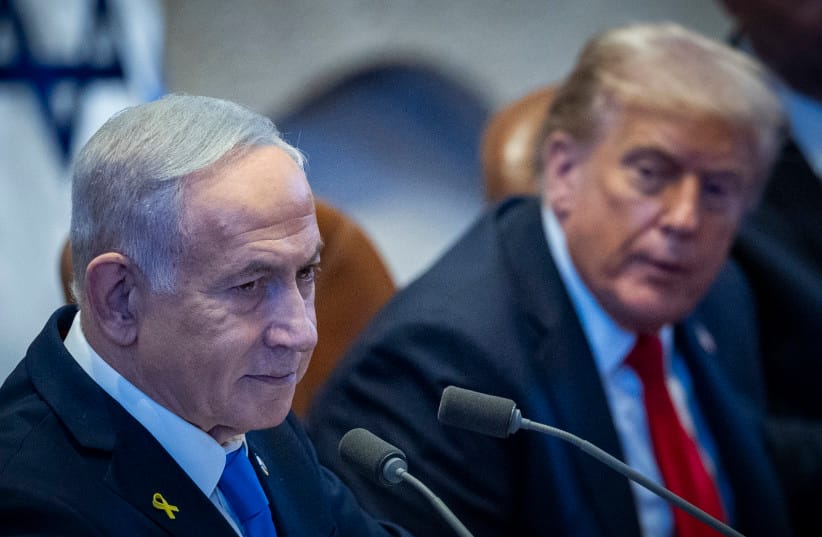 Prime Minister Benjamin Netanyahu speaks during a special plenum session in honor of US President Donald Trump at the Knesset, in Jerusalem, October 13, 2025