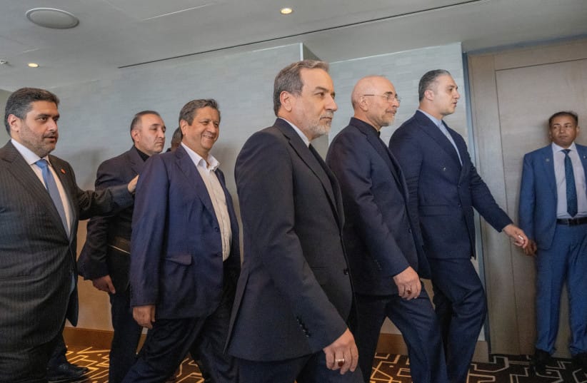 FOREIGN MINISTER of Iran Abbas Araghchi, and Speaker of Iran Mohammed Bagher Ghalibaf with the delegation of Iran at the Lake Lucerne Summit at the Buergenstock resort in Obbuergen, near Lucerne, Switzerland, Sunday, June 21, 2026.