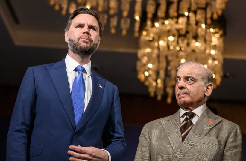 US Vice President JD Vance (L) stands next to Pakistan’s Prime Minister Muhammad Shehbaz Sharif prior to the quadrilateral meeting between the United States, Iran, Pakistan, and Qatar at the Burgenstock hotel complex overlooking Lake Lucerne, on June 21.