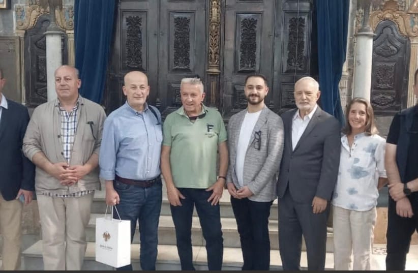 Pictured from left to right are Dr. Zaher Sahloul, Johnny Abbo, Dr. Wael Al-Aji, Bikhor Shem Tov, Joseph Jajati, Rabbi David Saperstein, and his wife Alana. Damascus, June 13.
