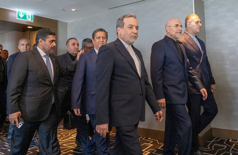 IRAN'S DELEGATION including Minister of Foreign Affairs of Iran Abbas Araghchi (C) and Speaker of the Islamic Parliament of Iran, Mohammed Bagher Ghalibaf (2ndR) arrive for a quadrilateral meeting between the United States, Iran, Pakistan and Qatar at the Burgenstock luxury hotel complex.