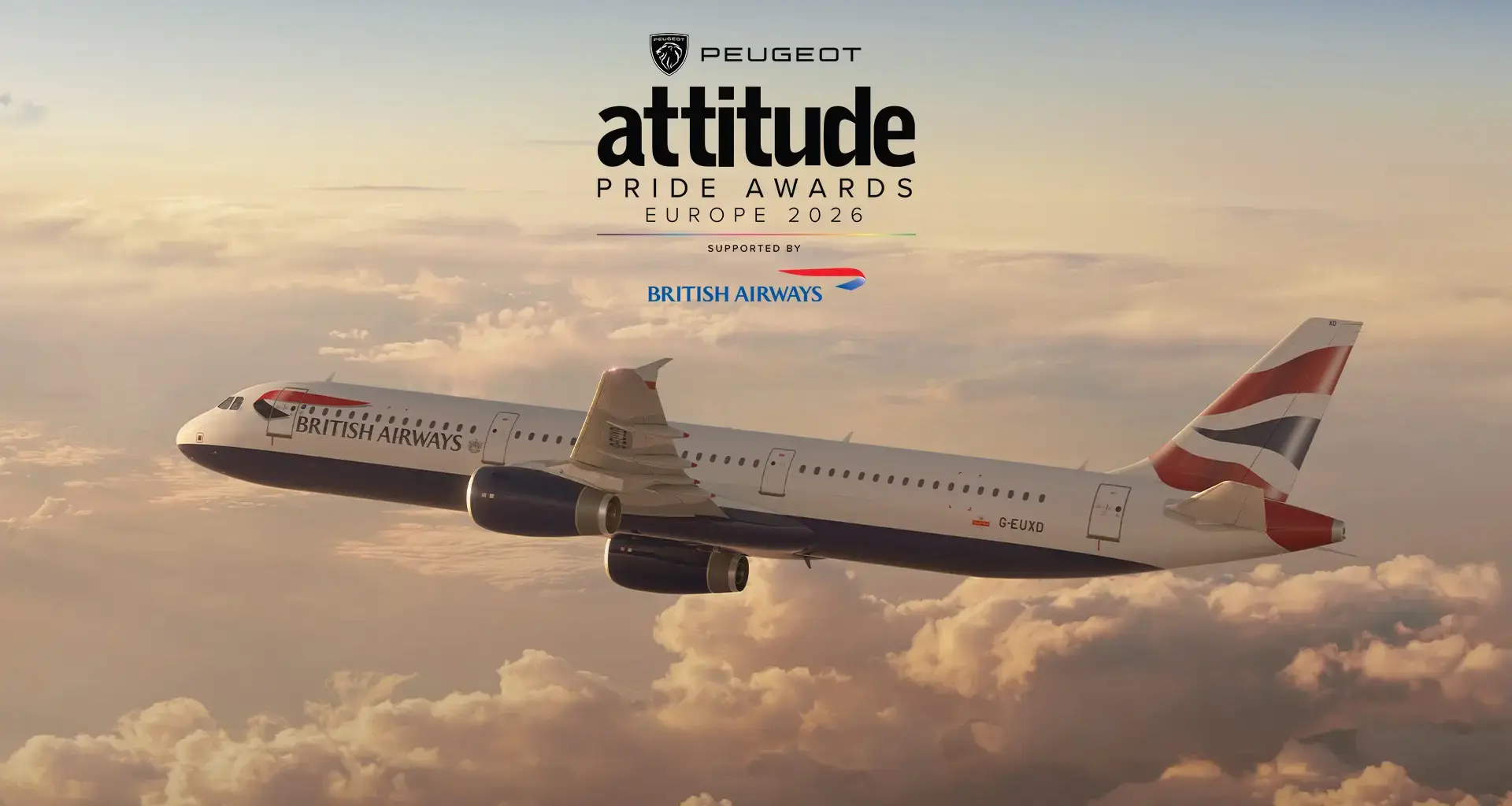 A British Airways aircraft flying above clouds, featuring the Peugeot Attitude Pride Awards Europe 2026 logo