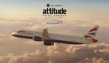 A British Airways aircraft flying above clouds, featuring the Peugeot Attitude Pride Awards Europe 2026 logo
