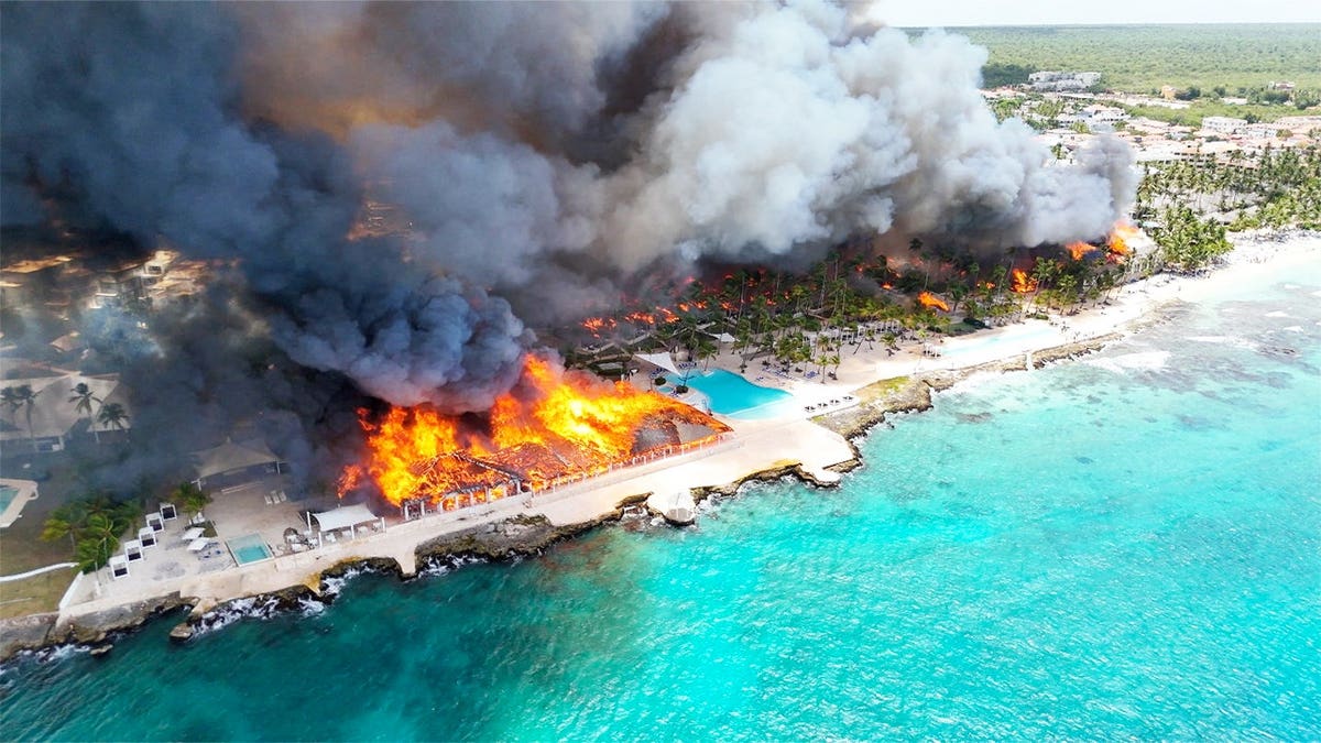 A drone view shows a fire at the Viva Wyndham Dominicus Beach Hotel in Bayahibe, La Altagracia, Dominican Republic, June 19, 2026 in this screen grab obtained from social media video.
