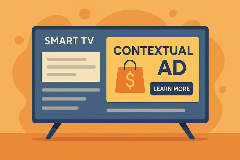Samba TV Launches Data Activation Platform Flat illustration of a smart TV displaying relevant ad without cookie symbols—contextual targeting banner