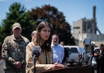Rep. Marie Gluesenkamp Perez speaks during a press conference at the Nippon Dynawave Packaging Co. in Longview, Wash., on May 27, 2026.