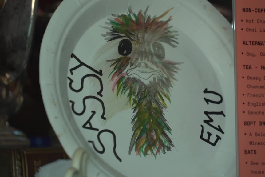 A painting of an emu head on a plate with the letters 'Sassy Emu'.