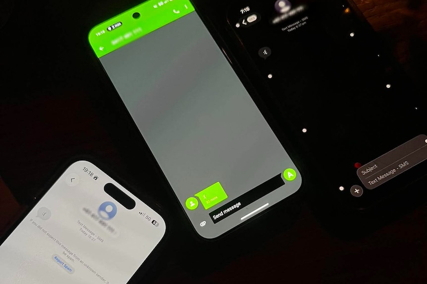 Three phones showing a sad face emoji text message.