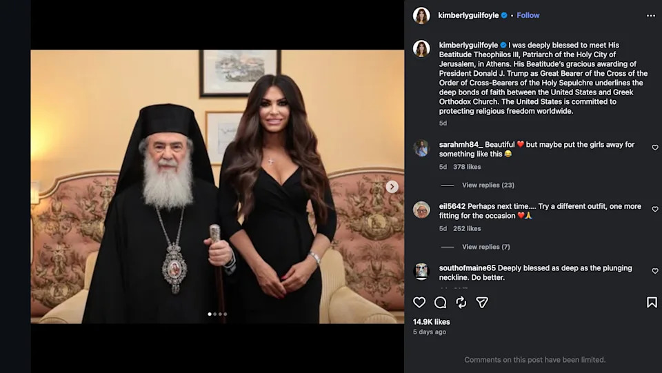 Kimberly Guilfoyle was criticized for her inappropriate attire during a meeting with a Greek cleric. / Kimberly Guilfoyle/Instagram