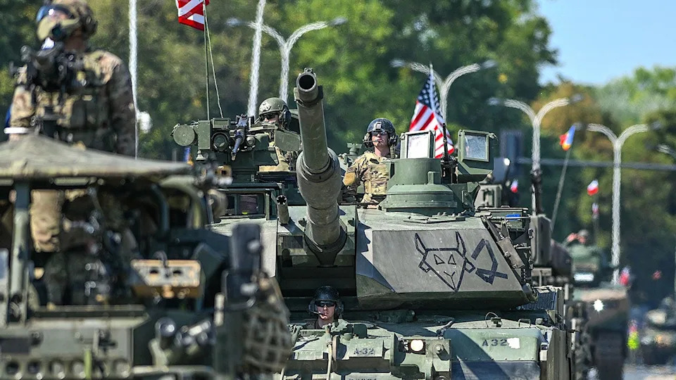 U.S. Army M1 Abrams tanks participating in Armed Forces Day parade in Warsaw, Poland