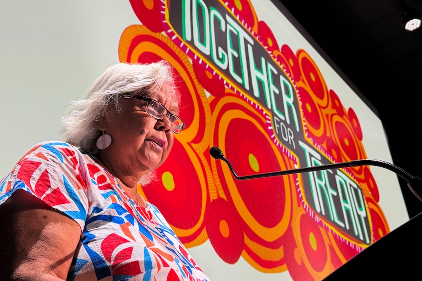 A woman speaks at a lecturn in front of a screen that says 'Together for Treaty'.