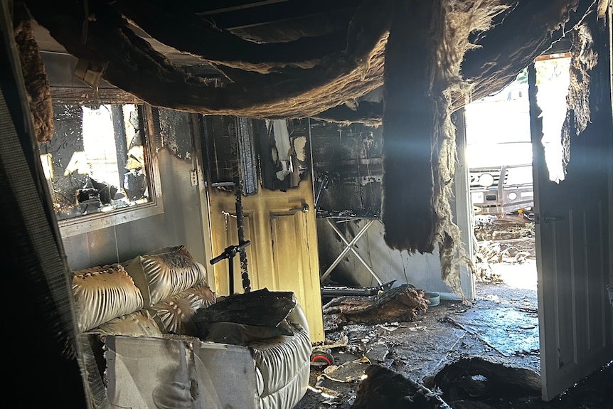 A fire-damaged home interior