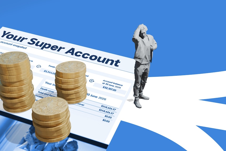 piles of coins on a super account statement, as a figure of a man stands at a crossroad