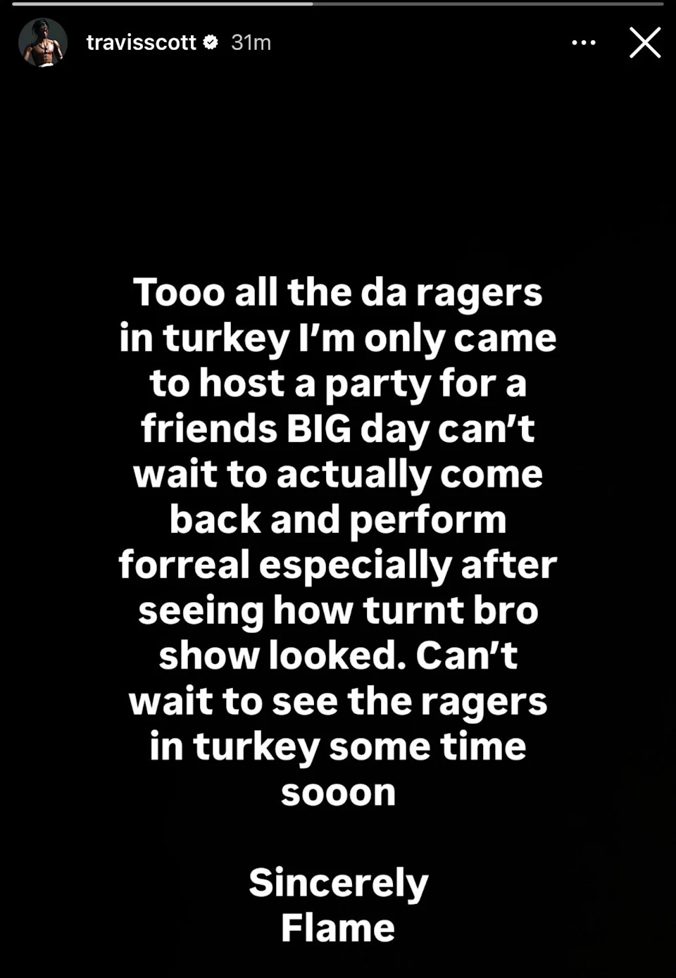 Text from Travis Scott's Instagram story expressing excitement about hosting a party in Turkey and plans to return to perform.
