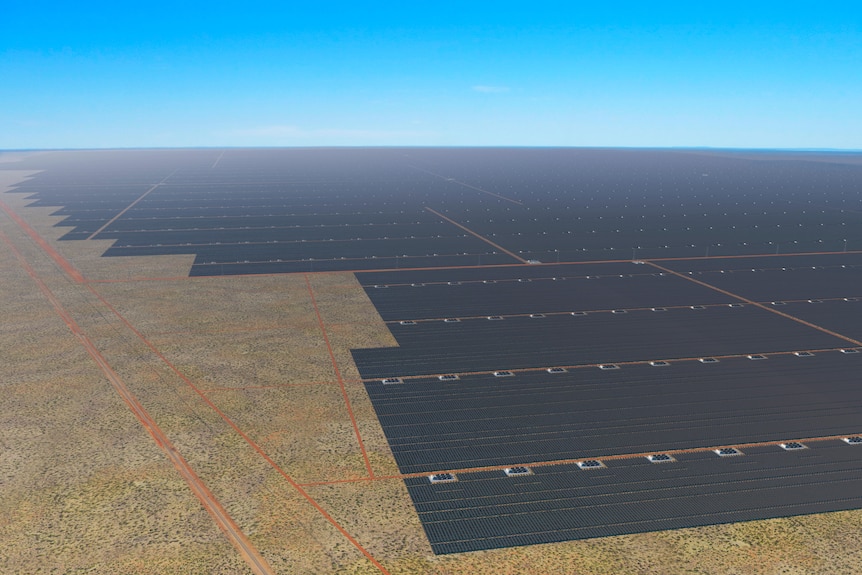 A computer-generated image of a huge outback solar farm.