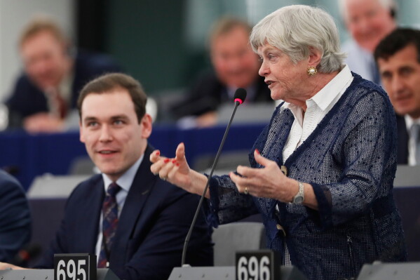 Britain's European parliament member Ann Widdecombe, right, of the Brexit party, speaks during a debate at the European parliament, Jan. 14, 2020, in Strasbourg, eastern France. (AP Photo/Jean-Francois Badias, File)