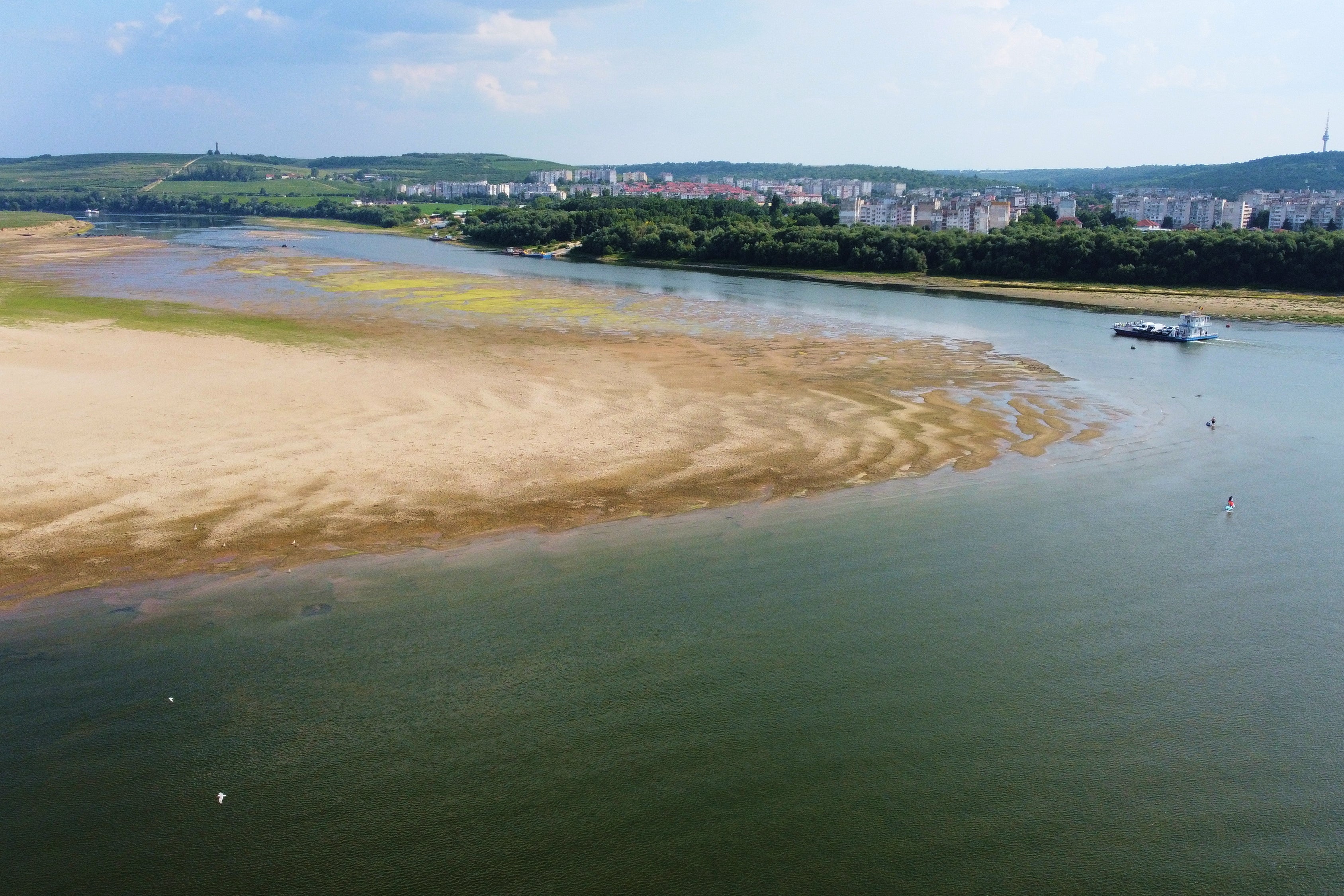 A ferry navigates the Danube River in Romania, which has fallen to a 30-year low
