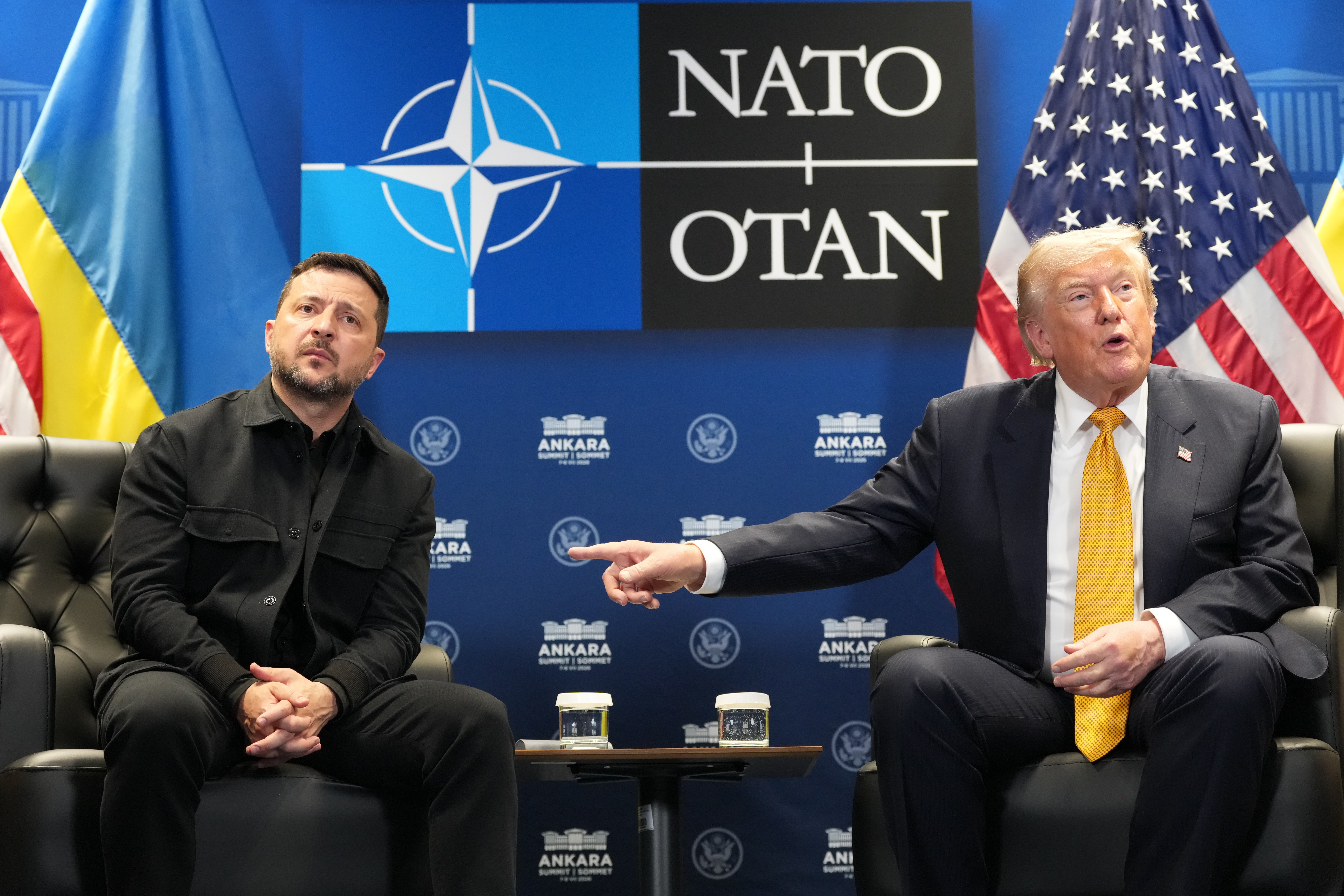 US president Donald Trump meets with Ukraine's president Volodymyr Zelensky on the sidelines of the NATO summit in Ankara, Turkey, Wednesday, 8 July 2026