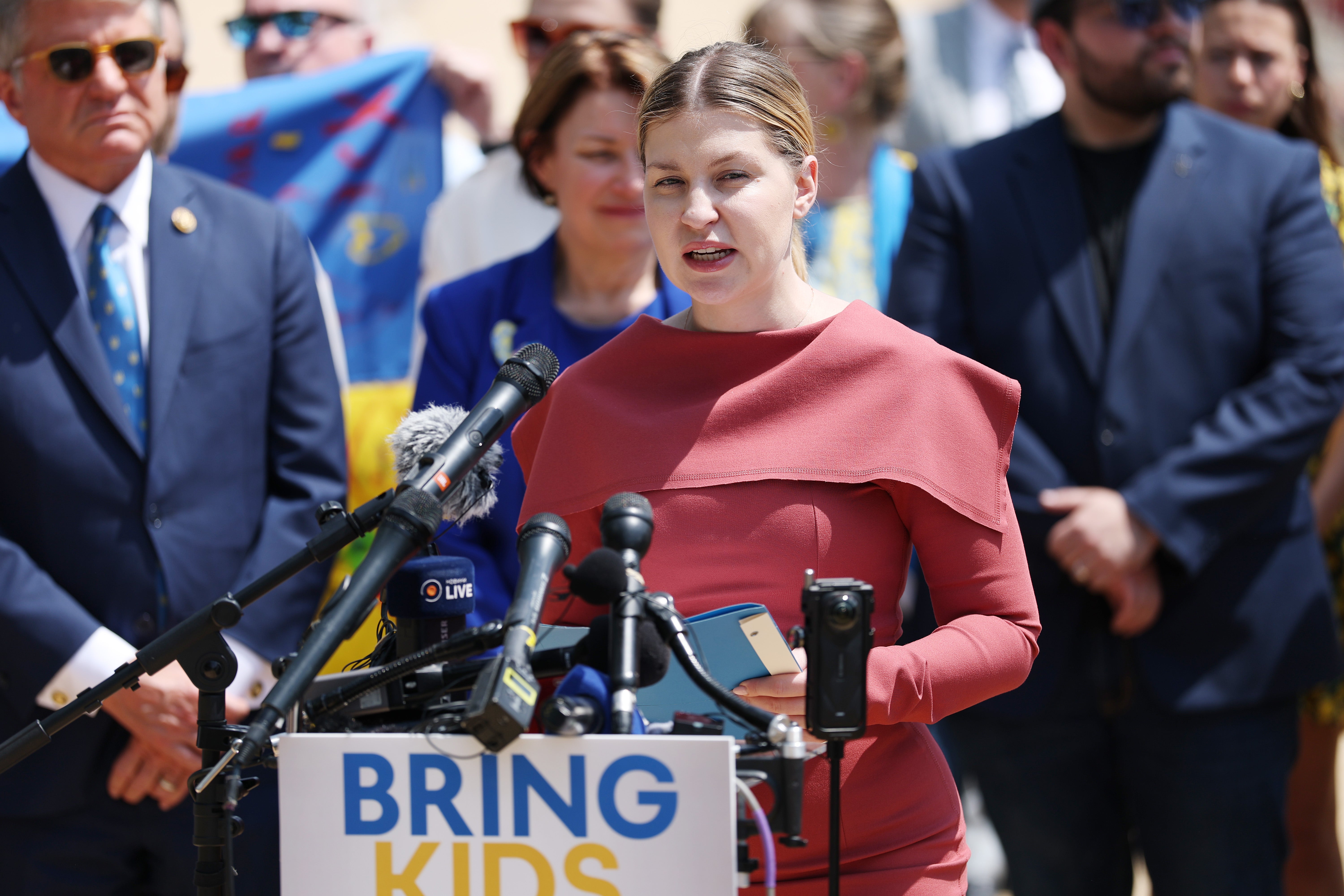 Ukrainian Ambassador to the United States Olha Stefanishyna speaks during a news conference in Washington, DC