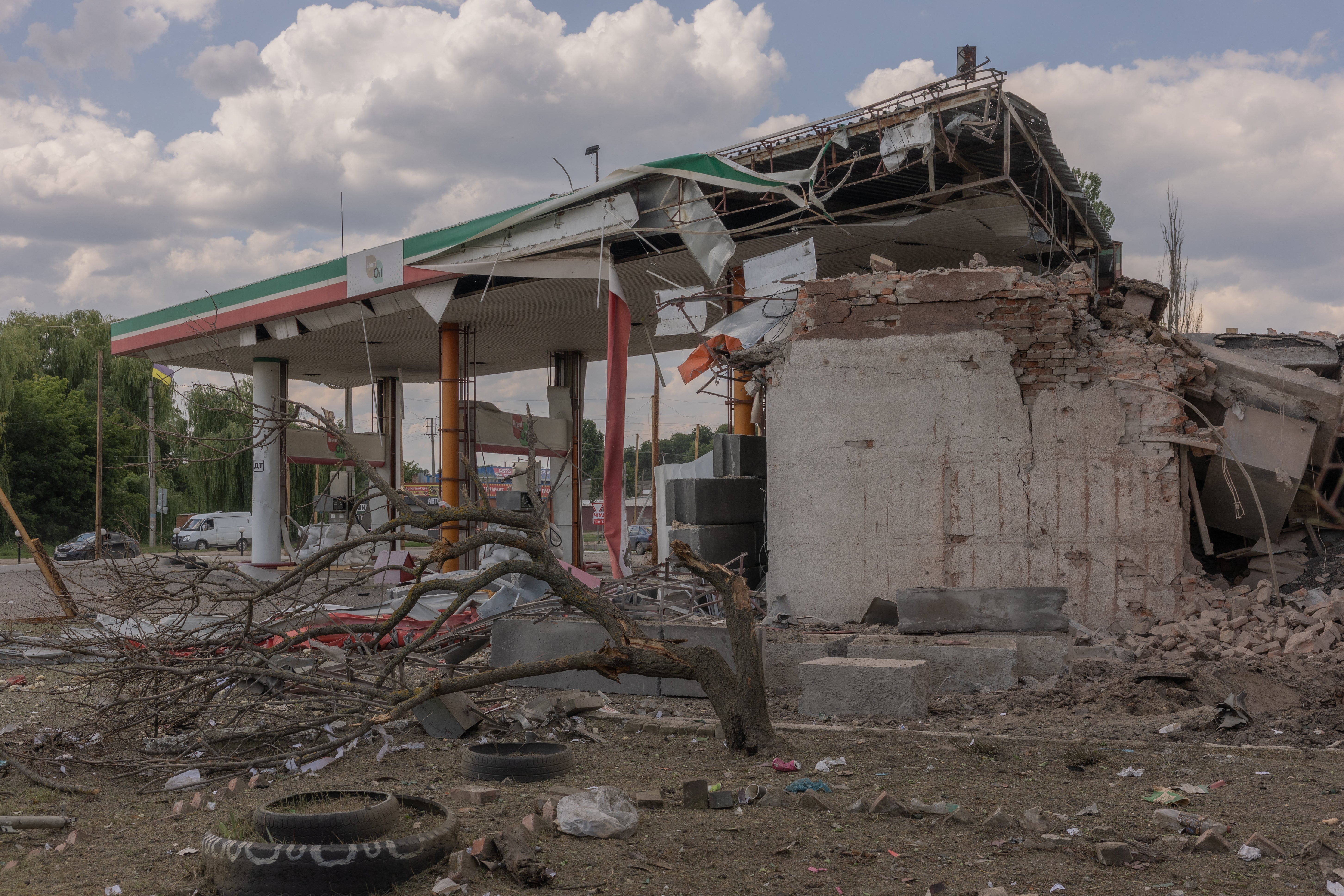 This photograph shows a petrol station destroyed in an air attack in the town of Izium, in the eastern Kharkiv region