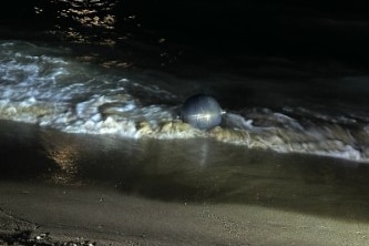 A metal ball washes in the water on the sand at a beach.
