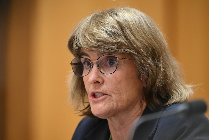 A woman looks serious as she replies to a question, with shoulder length brown hair and glasses.
