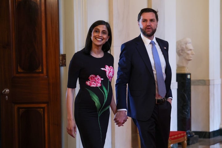 Second lady Usha Vance and Vice President JD Vance arrive for a military mothers celebration at the White House on May 6, 2026.