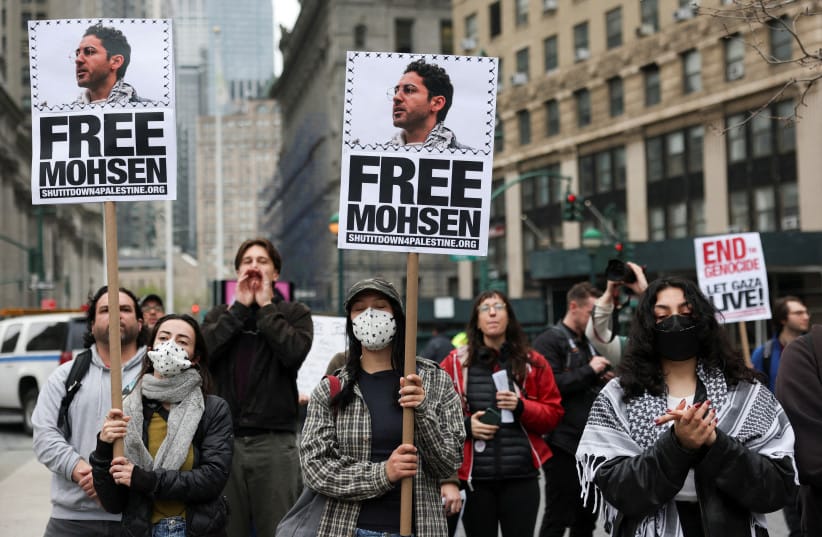 Demonstrators hold placards that read ''Free Mohsen'' in reference to Mohsen Mahdawi, a Palestinian student at Columbia University, who was detained, as they gather at Foley Square in Manhattan, New York City, US, April 15, 2025.
