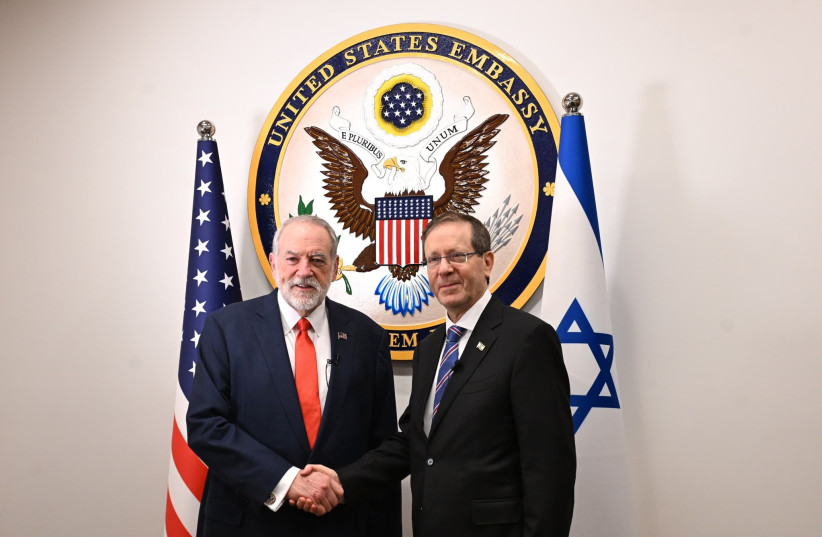 President Isaac Herzog and US Ambassador to Israel Mike Huckabee at the US Embassy in Jerusalem, July 3, 2026.
