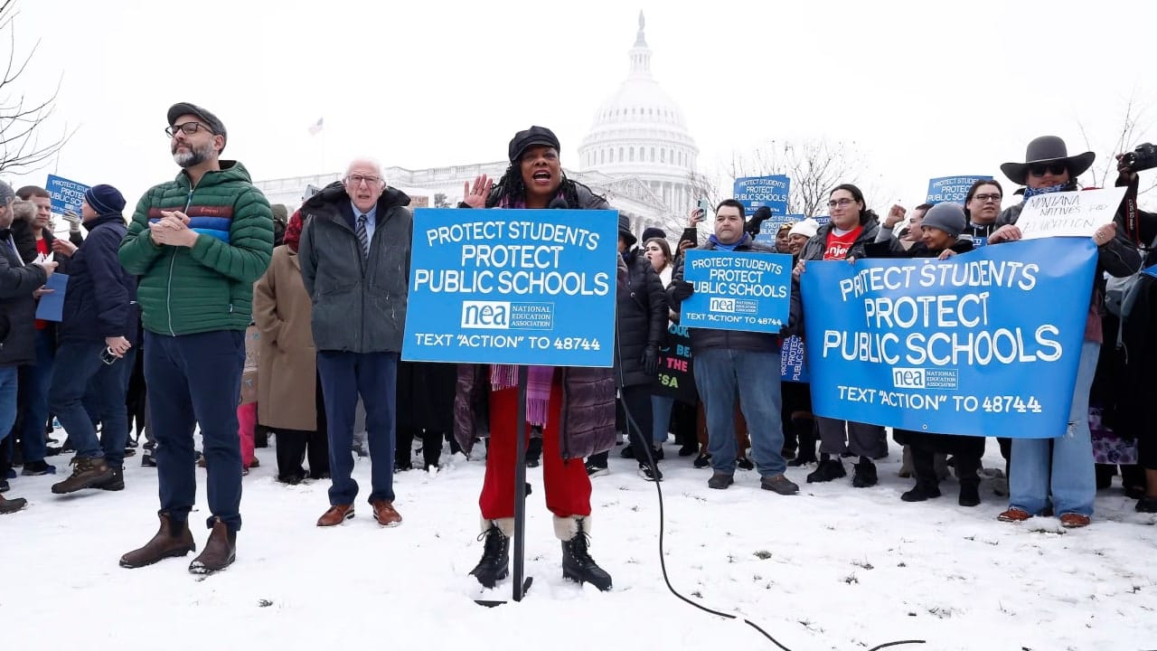 Members of the National Education Association and allies in Congress rally outside Secretary of Education nominee Linda McMahon’s confirmation hearing on February 12, 2025 in Washington, DC.