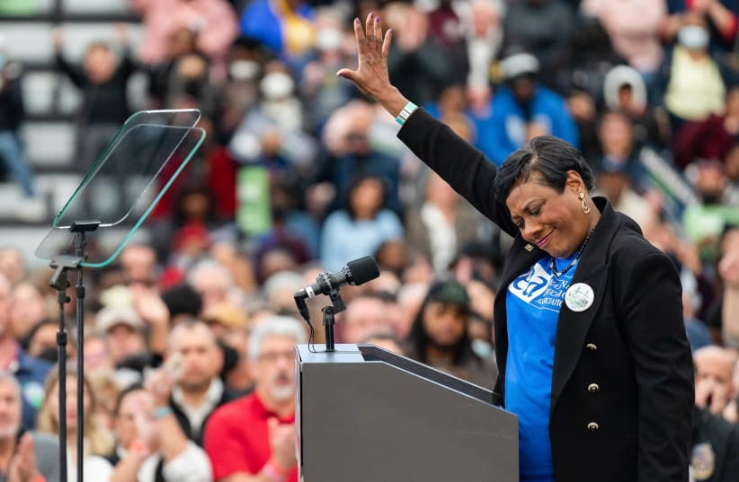 National Education Association President Rebecca Pringle speaks during the Get Out the Vote Rally in Detroit in 2022.